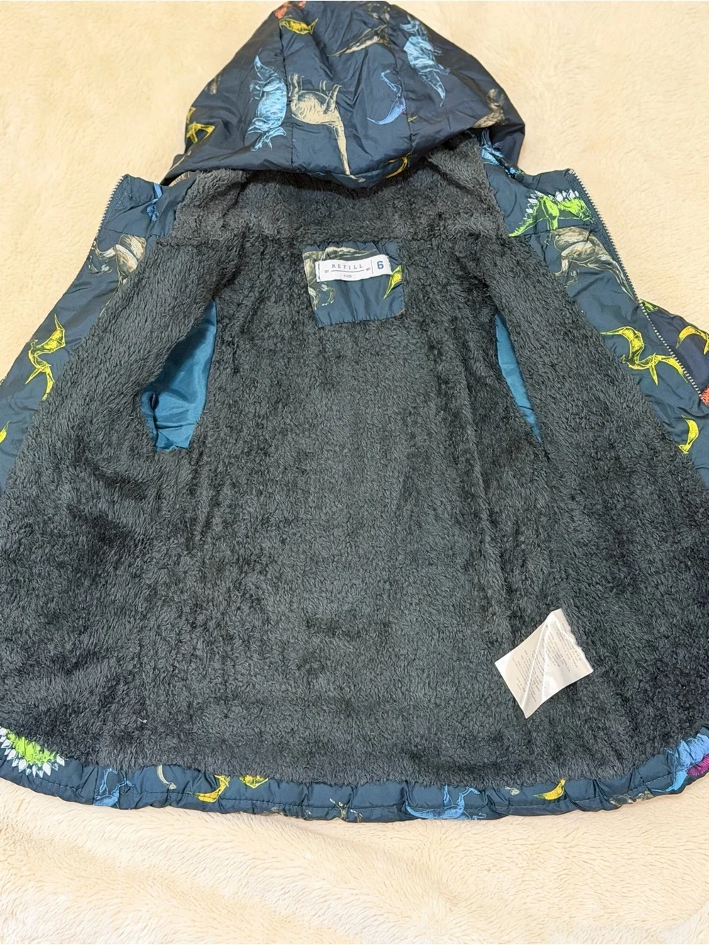 Children's Navy Blue Dinosaur Puffer Jacket with Hood